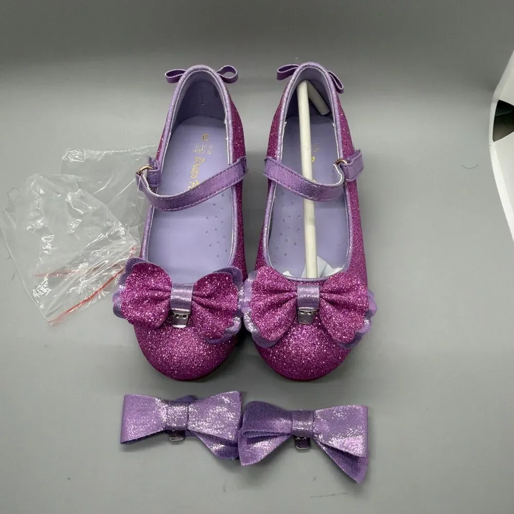 Girls Dress Shoes 1.3inch Low Heel Dance Shoes Bow Glitter Wedding Party Shoes